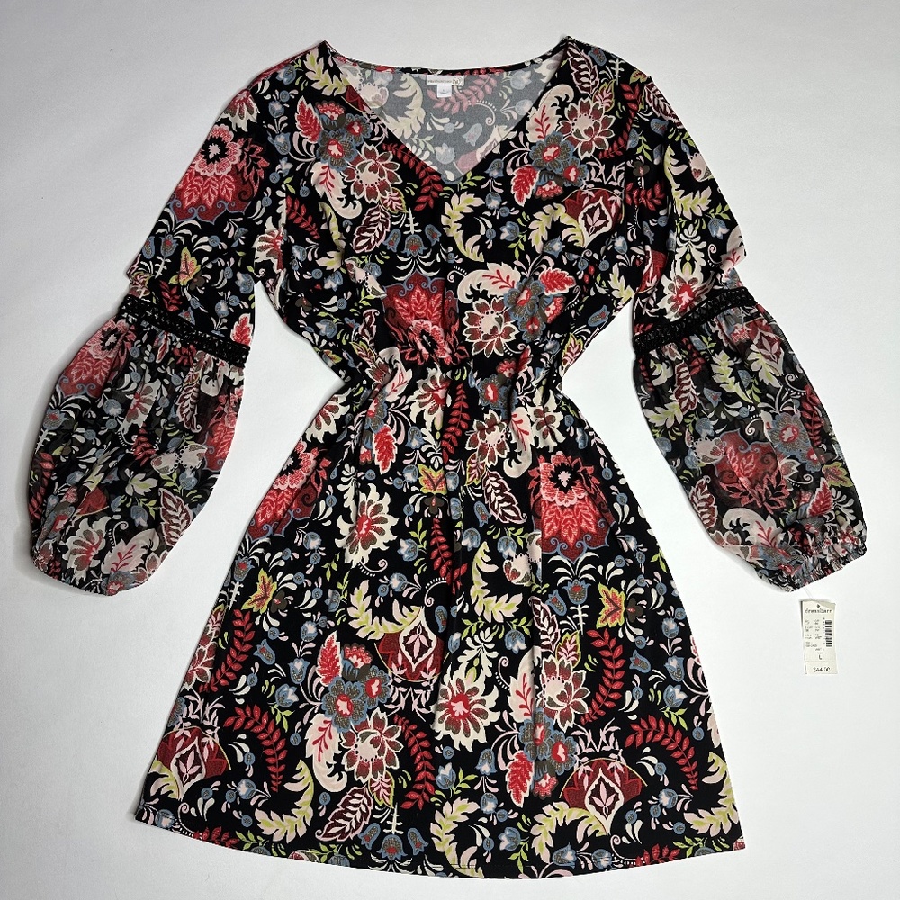NWT Floral Hippie Strech Midi Longsleeved Dress -black red, lace puffer sleeve L